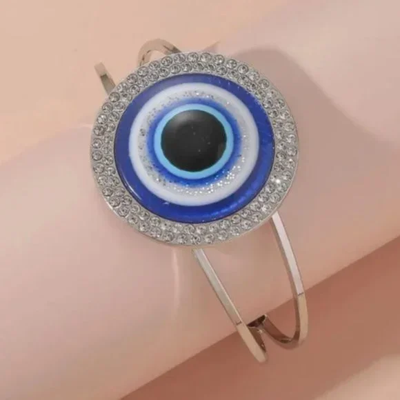 Rhinestone & Evil Eye Cuff Bangle - Picture 2 of 3
